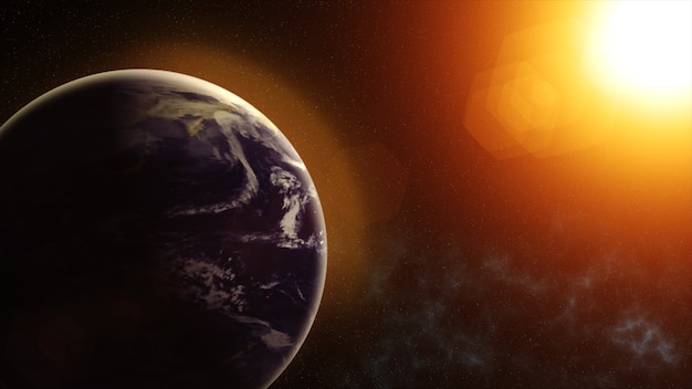 Il nostro pianeta terra, il sole splende sul pianeta terra visto dallo spazio
