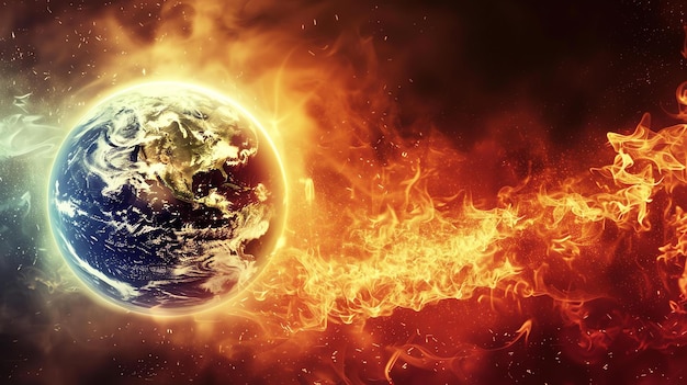 Foto il nostro pianeta è in fiamme le fiamme stanno leccando la superficie e il fumo si sta sollevando nell'atmosfera la scena è di terrore
