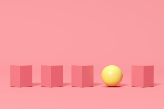 Ourstanding yellow sphere among pink boxes on pink background. minimal concept idea