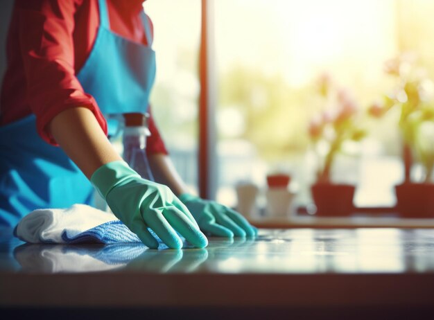 ousekeeping woman with gloves clean table