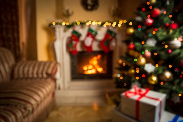 Out of focus background with living room decorated for Christmas