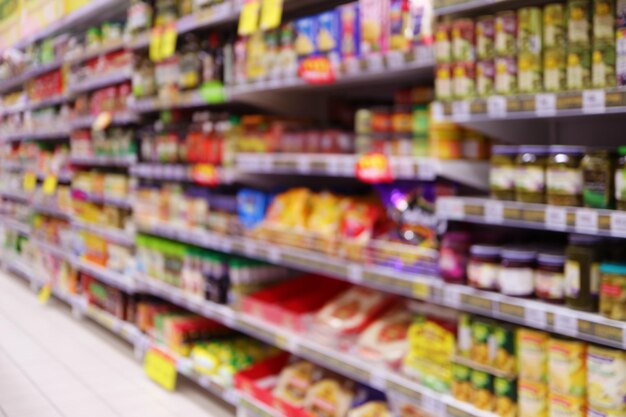 Out of focus image of grocery shelf in a retail store