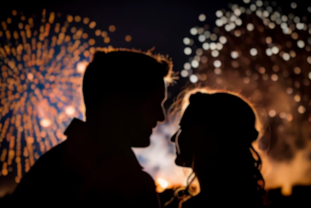 Out of focus photograph of a silhouette of a couple with New Year's fireworks in the background