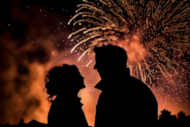 Out of focus photograph of a silhouette of a couple with New Year's fireworks in the background