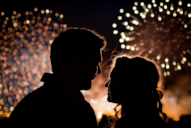 Out of focus photograph of a silhouette of a couple with New Year's fireworks in the background