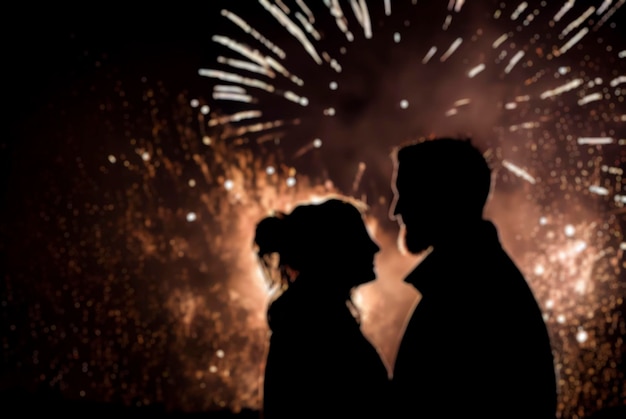 Out of focus photograph of a silhouette of a couple with New Year's fireworks in the background