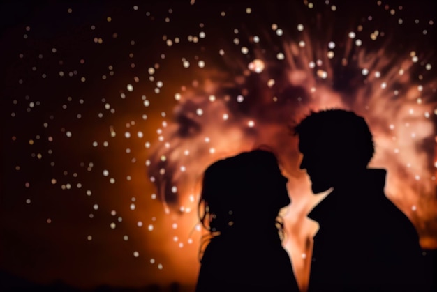 Out of focus photograph of a silhouette of a couple with New Year's fireworks in the background