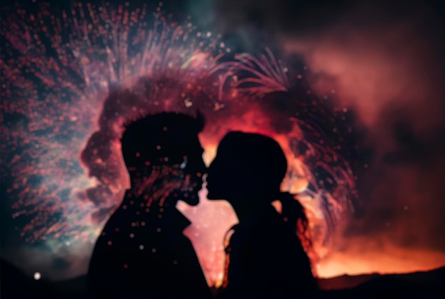 Out of focus photograph of a silhouette of a couple with new year's fireworks in the background