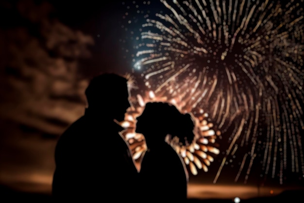 バック グラウンドで新年の花火とカップルの焦点が合っていないシルエット