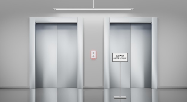 Out of order elevator with closed door and information floor stand notifying malfunction sign maintenance service broken lift in office or home hallway Realistic 3d illustration empty lobby interior