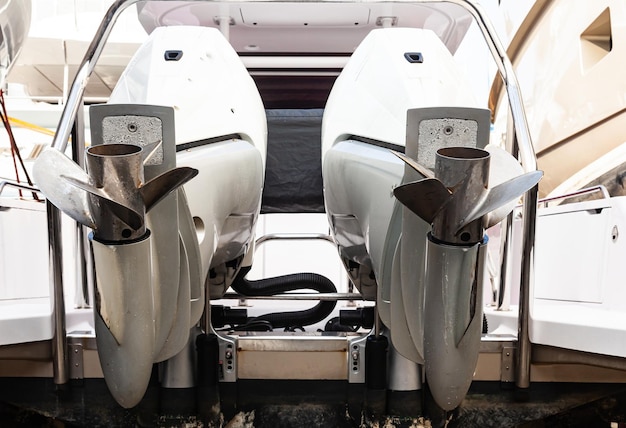 Outboard motors for yachts and boats are installed at the stern of the boat