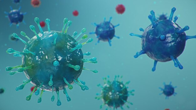 Вспышка китайского гриппа, называемого коронавирусом или 2019-nCoV, распространилась по всему миру. Опасность пандемии, эпидемии человечества. Вирус крупным планом под микроскопом, 3d иллюстрация