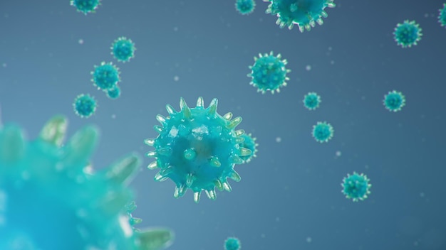 Focolaio di influenza cinese - chiamato coronavirus o 2019-ncov, che si è diffuso in tutto il mondo. pericolo di pandemia, epidemia di umanità. virus del primo piano al microscopio, illustrazione 3d