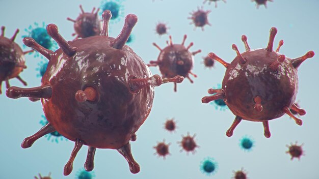 Outbreak of coronavirus, flu virus and 2019-nCov. Concept of a pandemic, epidemic for human cells. COVID-19 under the microscope, pathogen affecting the respiratory system, 3d illustration