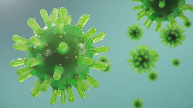 Outbreak of coronavirus, flu virus and 2019-nCov. Concept of a pandemic, epidemic for human cells. COVID-19 under the microscope, pathogen affecting the respiratory system, 3d illustration