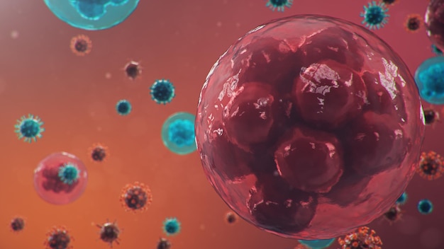 코로나바이러스, 독감 바이러스 및 2019-nCov의 발생. 인간 세포, 바이러스는 세포를 감염시킵니다. 현미경으로 COVID-19, 호흡기에 영향을 미치는 병원체, 3d 그림