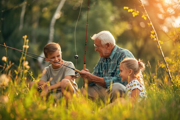 Photo outdoor activities fishing trip nature walk where grandparents and grandchildren engage in activitie