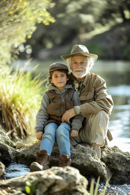 Photo outdoor activities fishing trip nature walk where grandparents and grandchildren engage in activitie