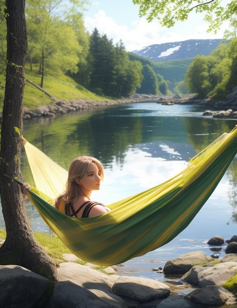 Фото Приключения на открытом воздухе в норвегии красивая женщина отдыхает на фоне реки солнце