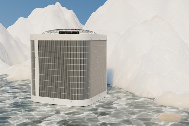 Photo outdoor air conditioner unit near the ice mountain 3d