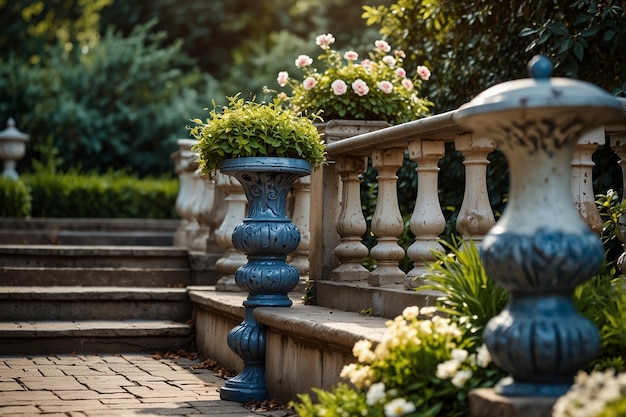 写真 階段のバルストラードや装飾用花瓶などの屋外やヴィンテージ・パークの要素