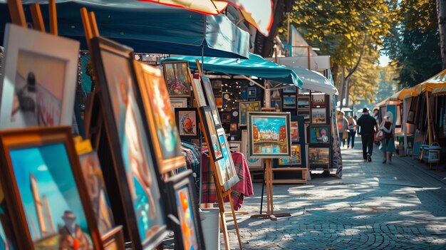 Photo an outdoor art market with colorful paintings for sale there are many paintings for sale the paintings are on display for people to buy