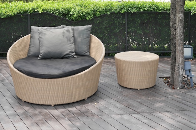 Outdoor artificial rattan on wooden floor