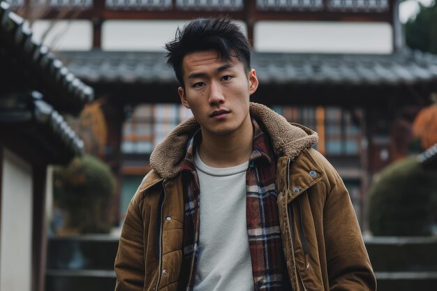 Outdoor Asian man brown jacket street photo Generate Ai