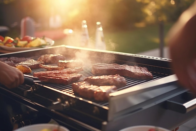 Outdoor barbecue met vrienden en familie gegrilde biefstuk en kip met achtergrond wazig persoon