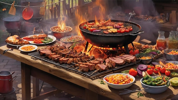 Outdoor Barbeque with Sizzling Skewered Kebabs and Vegetables Illustration