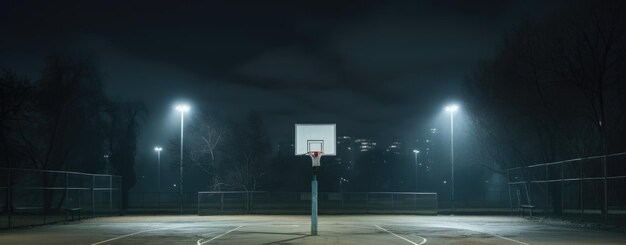 Photo outdoor basketball court at night lit by overhead lights urban backdrop generative ai