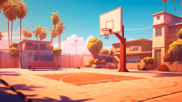 Outdoor basketball court at sunny day Generative AI