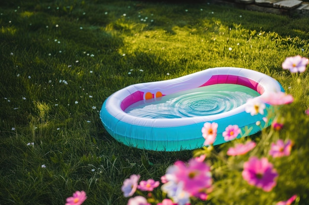 Outdoor blue inflatable pool with clean water