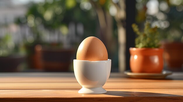 Outdoor Breakfast Boiled Egg in Eggcup on Wooden Table