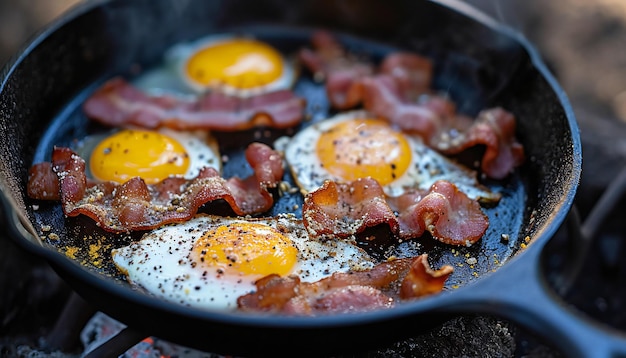 Outdoor breakfast with eggs and bacon campfire