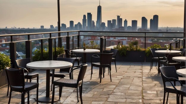 Foto cafe all'aperto con lo skyline della città sullo sfondo