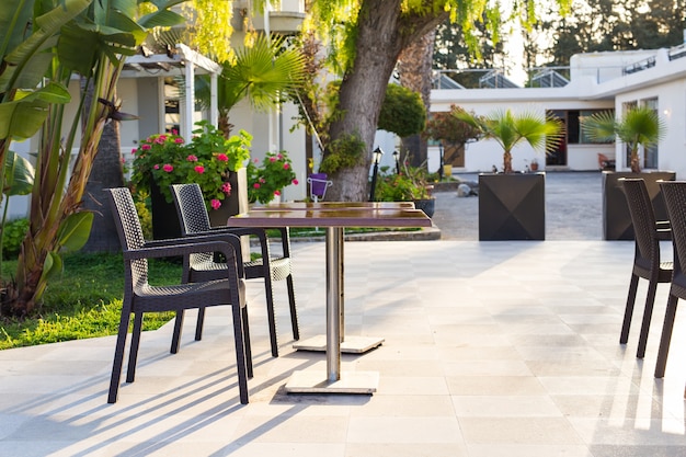 Outdoor cafes near the swimming pool at dawn