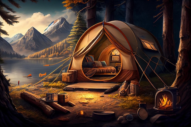 Outdoor camping activities with tents illustration Generative AI