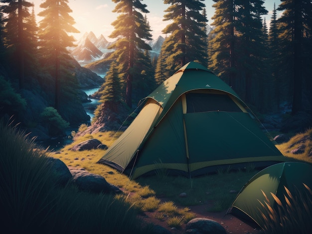 Outdoor camping photo tent in the middle of nature beautiful landscape