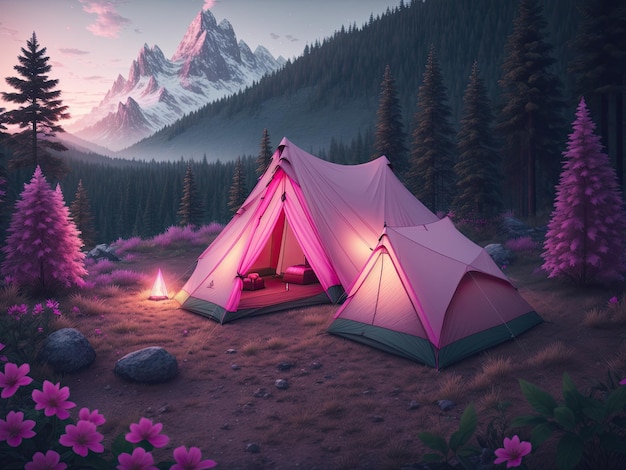 Outdoor camping photo tent in the middle of nature beautiful landscape