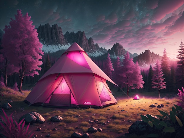 自然の美しい風景の真ん中にある屋外キャンプ写真テント