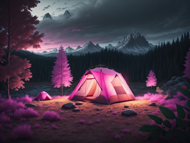 Outdoor camping photo tent in the middle of nature