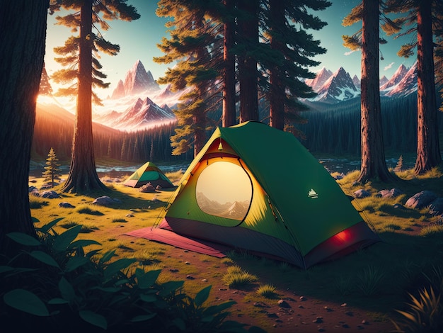 Outdoor camping photo tent in the middle of nature