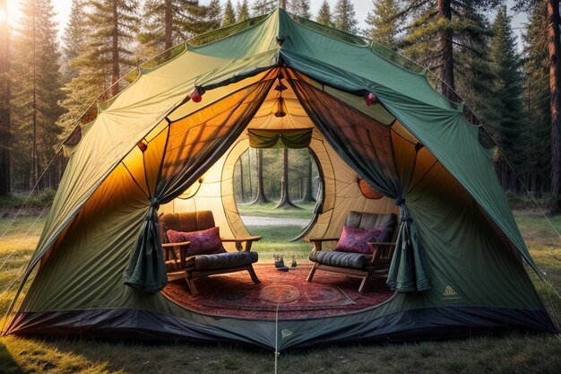 Outdoor camping tent travel relax rest set up tent in forest