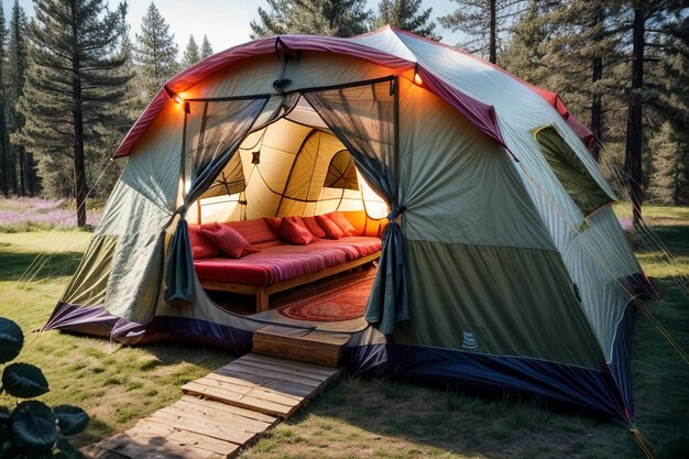 アウトドアキャンプテント旅行リラックス休憩 森でテントを張る