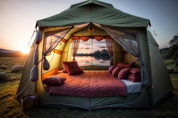 야외 캠핑 텐트 여행 편안한 휴식 숲에서 텐트 설치