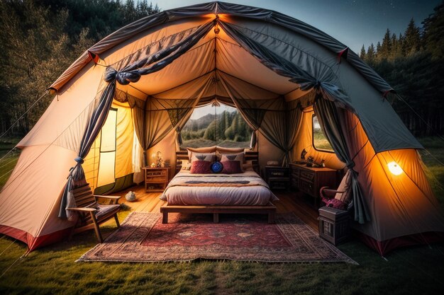 Поездка в палатку для кемпинга на открытом воздухе, отдых и отдых, установка палатки в лесу