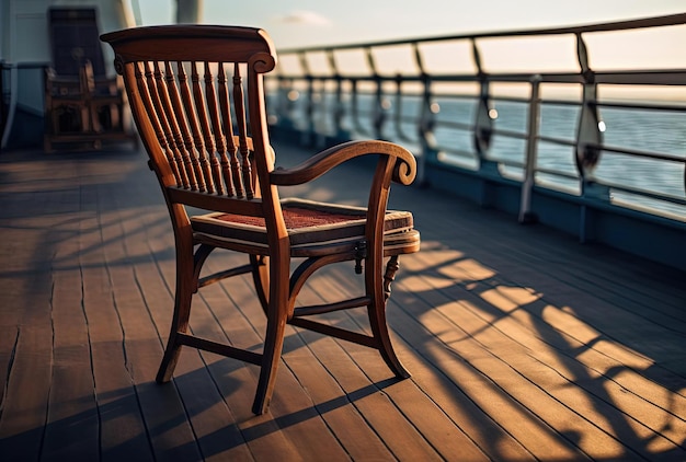 an outdoor chair on the deck of a ship