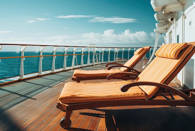 an outdoor chaise lounger by the ocean on a cruise ship in the style of atmospheric ambience