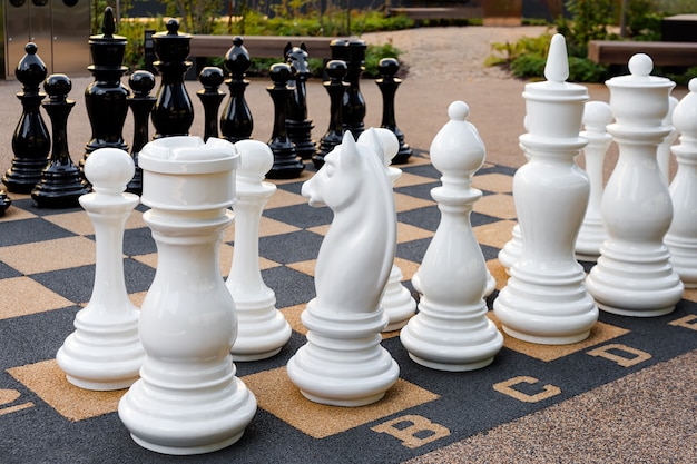 Outdoor chess board with big plastic pieces